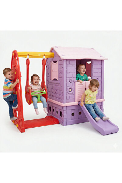 MUPARK İki Kapılı Oyun Evi Kaydıraklı Salıncaklı 2+ Yaş Güvenli Çocuk Bahçe K...