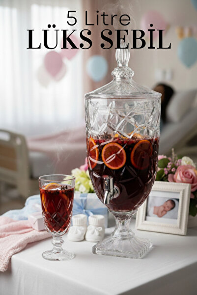 Roza's Home Roza Musluklu Cam Sebil 5 Litre Parti Sebili Lüks Lohusa Şerbet S...