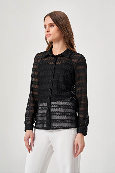 Mizalle Dantel Dokulu Siyah Gömlek