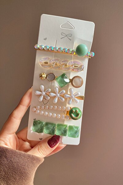 Centello Co Accessories 8’li Pens Toka Seti İnci Detaylı Akrilik Zincirli Çiç...