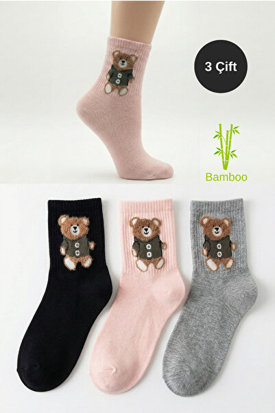 HEYBAG 3'lü Bambu Kadın Teddy Bear Ayıcık Desenli Soket Çorap (Siyah / Gri / ...