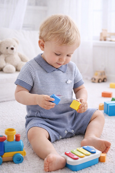 Babyhola Erkek Bebek Triko Tulum Mevsimlik Kısa Kol Çizgili 5502