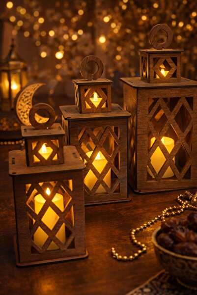MUSK STORE 3Adet ahşap Ramazan fener + 3adet elktrunik mum 20x10cm