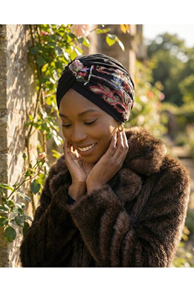 elysianfidan Authentic Embroidered Motif Lined Ready-To-Wear Turban Hijab Cap...