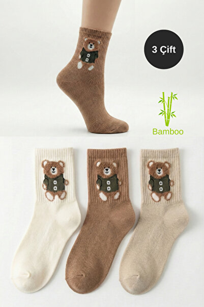 HEYBAG 3'lü Bambu Kadın Teddy Bear Ayıcık Desenli Soket Çorap (Beyaz / Kahver...