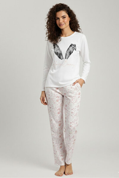 İPEKTENİM Dantel ve Yazı Baskılı Pijama Takımı