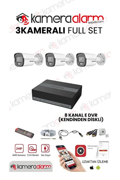 Hikvision 3 Kameralı Dahili Mikrofonlu 7/24 Renkli Görüşlü Kamera Seti