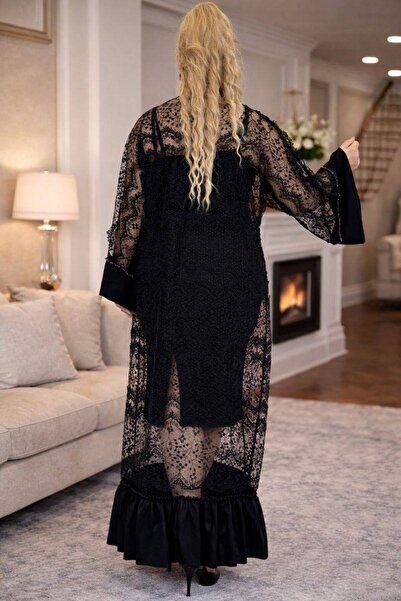 Yeşilmoda Abaya Women's Evening Dress Lace Embroidered Abaya |   Maxi Handcra...