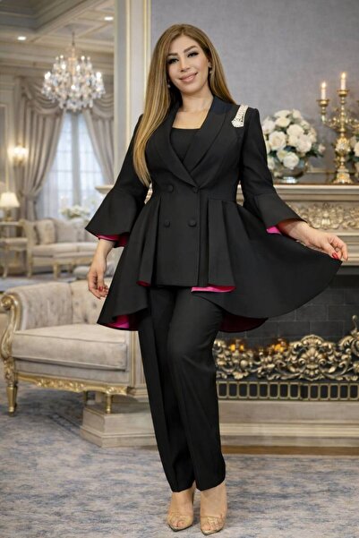 Yeşilmoda طقم بنطلون وسترة نسائية مطرزة بالأحجار K بأزرار على الجهتين – مقاس ...