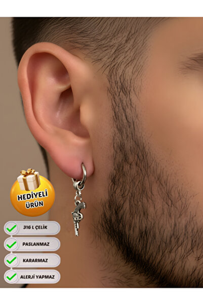 Piercing Market Steel & Silver أقراط متدلية بحلقة فولاذية للرجال مقاومة للصدأ