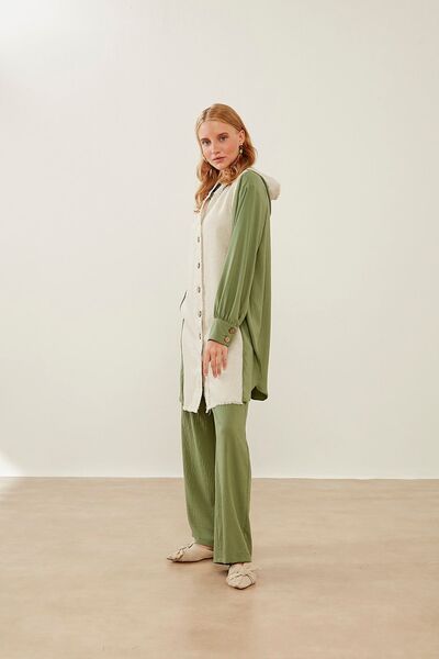 Mizalle Bel Lastikli Bol Paça Yeşil Pantolon