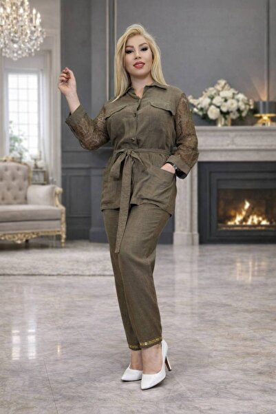 Yeşilmoda بدلة، بنطلون جاكيت كتان، أكمام دانتيل، جيب بأزرار، حزام مطرز، بني، ...