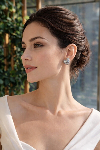 Atölye Myth Silver Glitter Sparkling Handmade Grey Special Design Heart Earri...