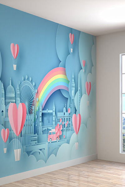 dreamwall Gükkuşağı Ve 3 Boyutlu Kalpli Balon Desen Sağlıklı Tekstil Duvar Ka...