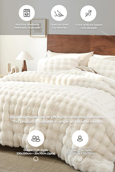 Evlen Home Collection Yatak Örtüsü Seti Tek Kişilik Peluş Yumuşak Tavşan Tüyü Yorgan 2 Parça Lory Kırık Beyaz Krem