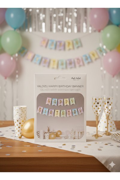 Partifabrik Makaron Renkler Happy Birthday Yaldızlı Yazı Süs