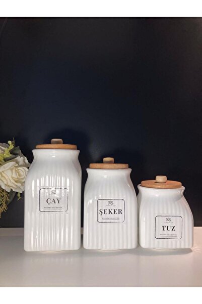 Pembelia Life 3’lu Porselen Çay Şeker Tuz Saklama Kavanozu Bakliyat Kavanoz T...
