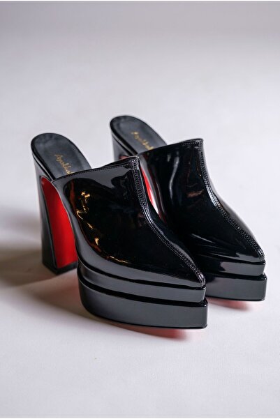 Ayakkabı Ateşi Siyah Rugan Çift Platform Tasarım Burnu Kapalı Kadın Terlik Yü...