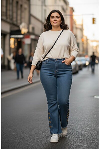 ZDN JEANS BATTAL Paçası İşlemeli Kot Pantolon