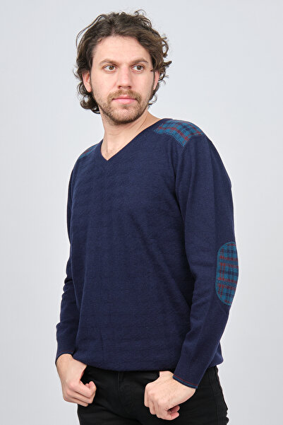 Desen Triko Men's V-Neck Pure Wool Sweater 0246538 Navy Blue