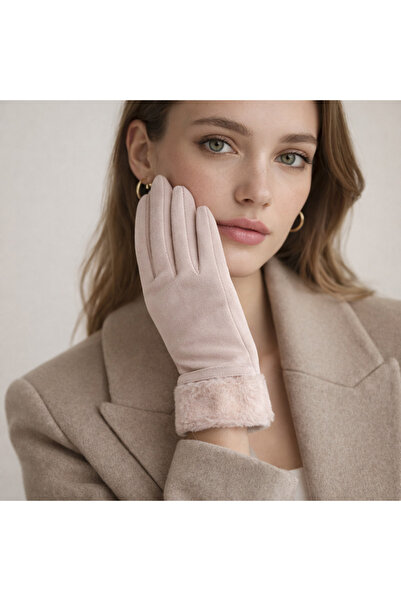 Şirin Giyim Aksesuar Furry Plush Cashmere Stylish Gloves Ecru - Phone Touchab...