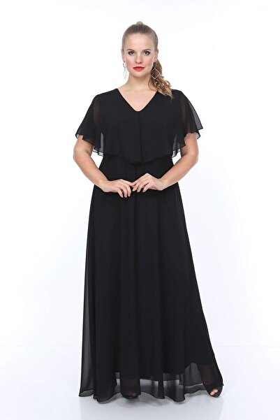 ANGELINO Büyük Beden Beli Lastikli V Yaka Şifon Abiye Elbise Siyah 4016