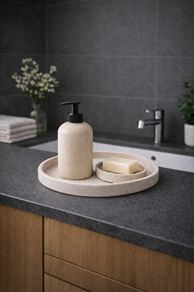 Liva Home Life 3 Parça Beton Banyo Seti Sıvı Sabunluk Katı Tepsi Tuvalet Wc T...