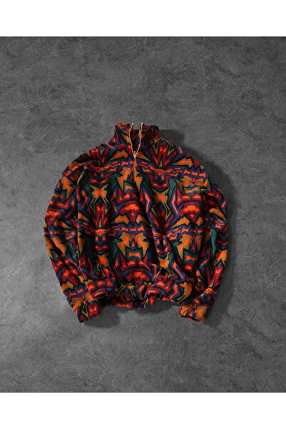 BOBCAT MAN Yakası Fermuarlı Koyu Renk Desenli Oversize Polar Sweatshirt