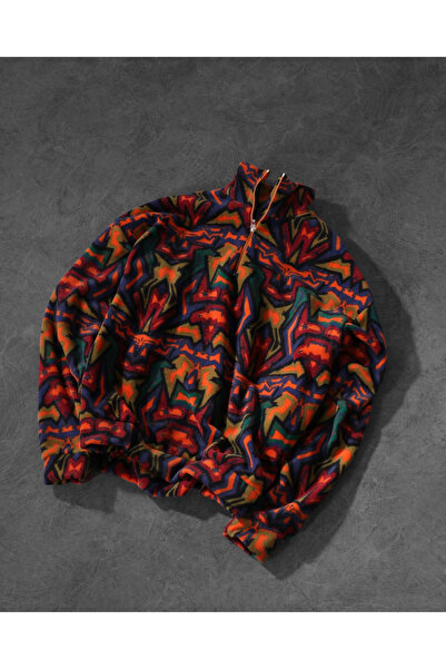 BUPPO Polar Oversize Koyu Renk Etnik Desen Sweatshirt