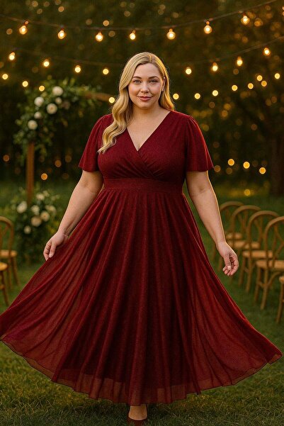 ANGELINO Kadın Simli Tül Esnek Kruvaze Yaka Volan Kol Uzun Şık BORDO Abiye El...