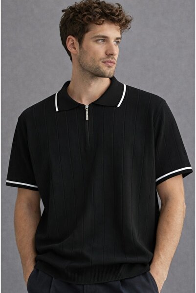 JUDGE erkek premium kalite rahat kalıp pamuklu yarım fermuarlı triko tişört /...