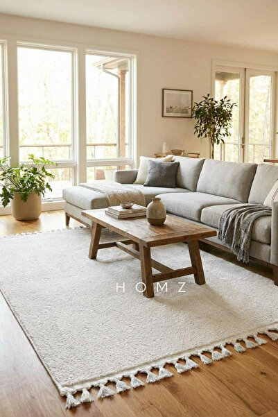 Homz Puffy Peluş Tüylü Kaymaz Taban Yumuşak Kesme Yolluk Halı - Beyaz