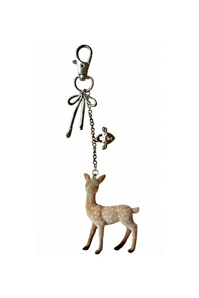 coquette butik Coquette Tarzı Kadife Dokulu Geyik Anahtarlık - Gümüş Fiyonk D...