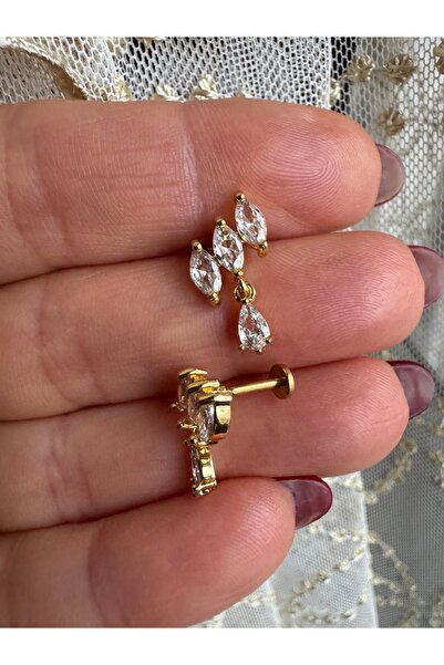 Bylin Cerrahi Çelik Gold Zirkon Damla Taşlı Piercing. Bar Uzunluğu 6 Mm