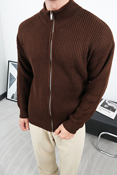 İLKCET MODA Cardigan unisex oversize din tricot premium Selanik maro cu fermoar