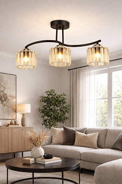 ESSLİGHT AHU 3’LÜ PLAFONYER AVİZE KRİSTAL TAŞLI MODERN DEKORATİF AYDINLATMA