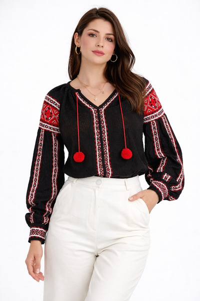 Liberty Boutique Etnik Desen V Yaka Uzun Kol Pamuk Bluz