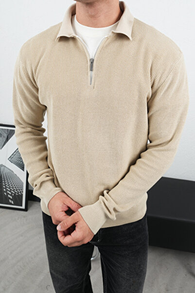 İLKCET MODA Zipper Collar Beige Premium Basic Steel Knitwear Sweater
