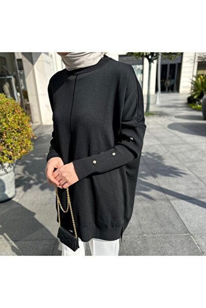 nizzell New Season Women's Sleeves Button Detail Mercerized Sweater Tunic