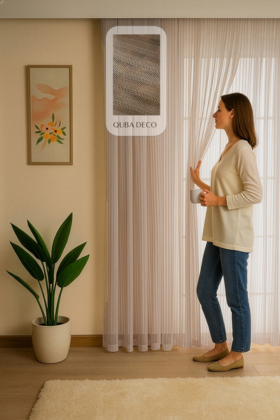 QUBA DECO İTALYAN KETEN TÜL DÖKÜMLÜ NATURAL Ütü İstemez Krem Tül Perde Salon ...