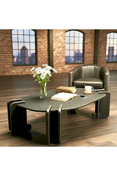 PRAKTURA Cell Doğal Ahşap Siyah Orta Sehpa Doğal Siyah Ahşap