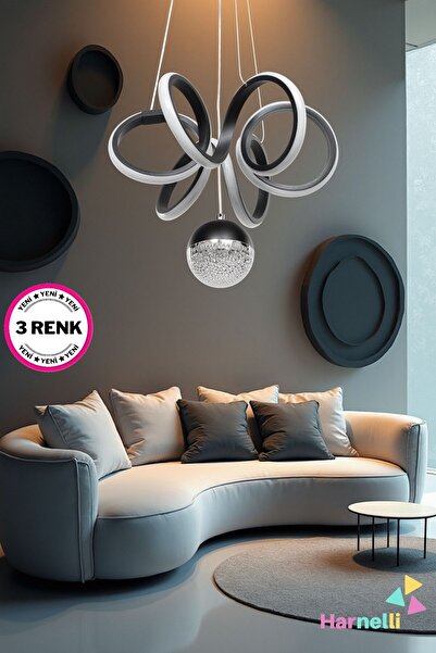 Harnelli Antrasit Kasa 3 Renk Yanabilen Şeker Camlı Modern Ledli Avize