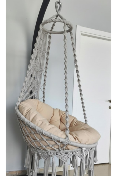 WOODSHUT Tek Kişilik Makrome El Örgüsü Salıncak Minderli (AÇIK GRİ) MİS38001G...