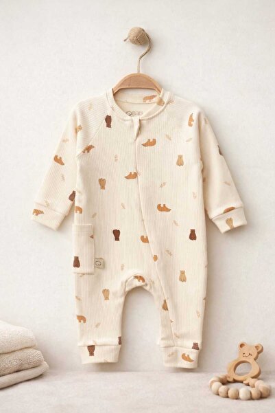 LİLİYUM Organik Pamuk Bebek Tulum-Ayıcıklı Desenli, Fermuarlı, Uzun Kollu Beb...