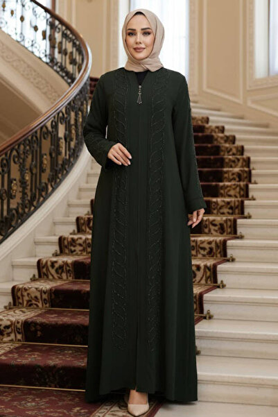 N.S NEVA STYLE Tesettür Ferace brodat cu margele kaki 29122HK