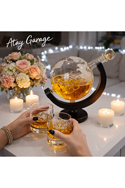 Atay Garage Dekoratif Cam Küre Viski Karafı Ahşap Standlı Beyaz Kapaklı Sunum...