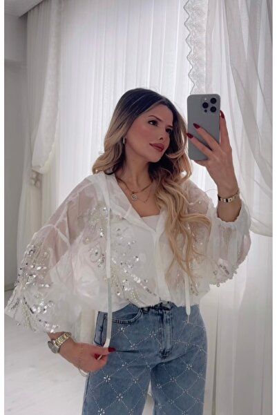 DENİZ İthal Tasarım Boncuk İşleme Detaylı Kapşonlu Gömlek