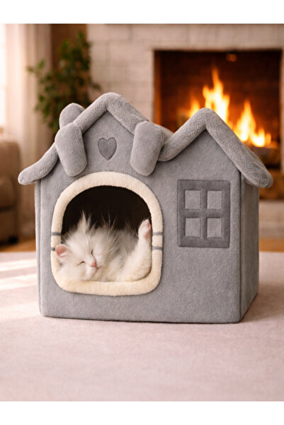 Oumo Villa Kedi Evi Peluş Kapalı Kedi Yatağı Minderli Katlanır Kedi Evi L Boy