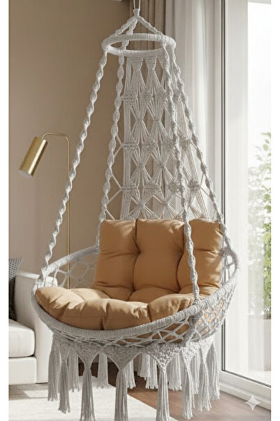 WOODSHUT Tek Kişilik Makrome El Örgüsü Salıncak Minderli (AÇIK GRİ) MİS38001GriM