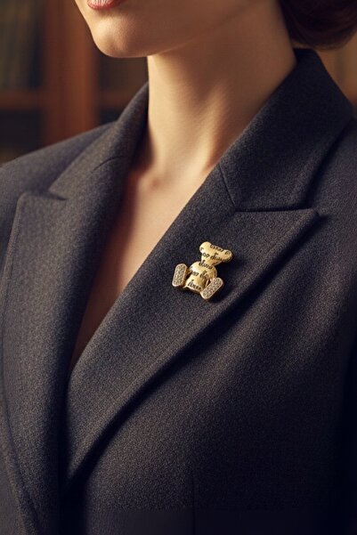 model aksesuar Ayıcık Kristal Taşlı Altın Broş